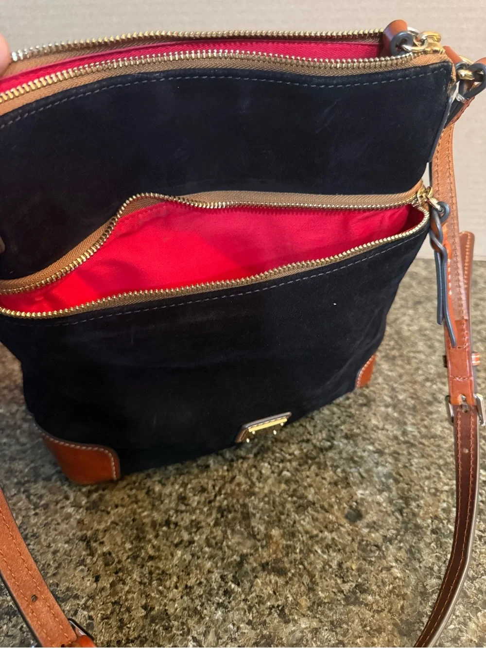 Dooney & Bourke Black Suede Messenger with Brown Leather Trim